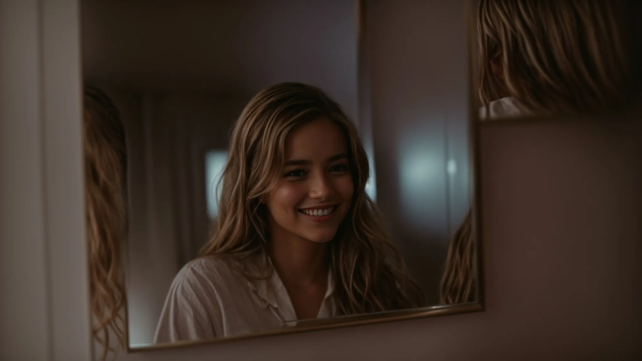 a bright smile in a mirror reflection under soft lighting.