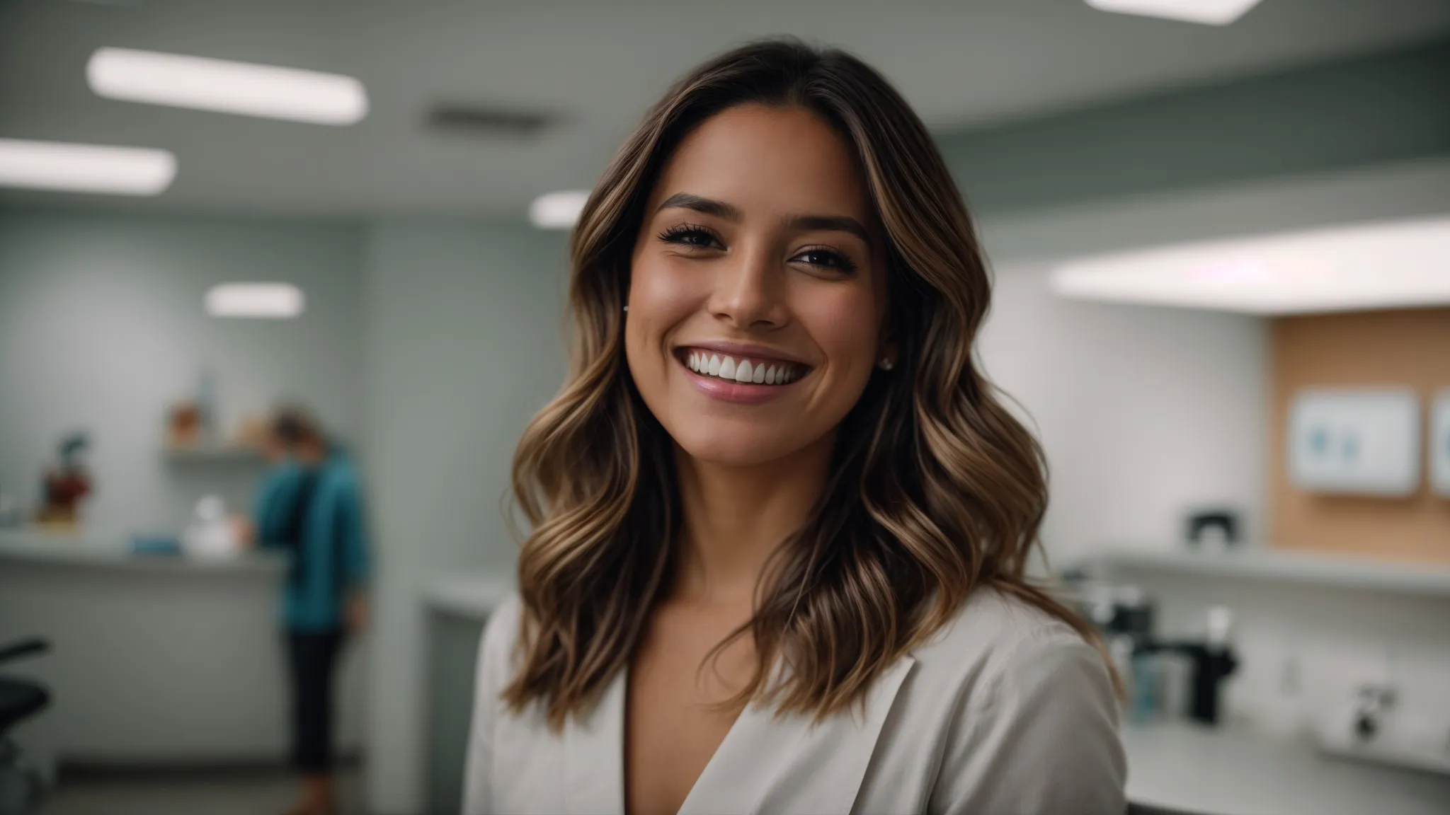 a person flashing a bright, wide smile, standing in a well-lit, modern dental office.