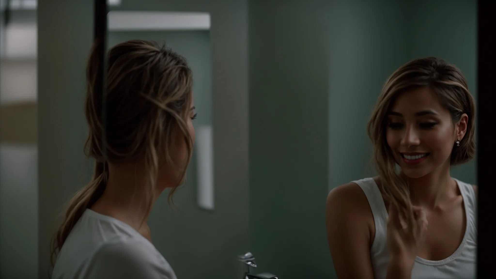 a woman thoughtfully examining her smile in the mirror, reflecting on her decision.