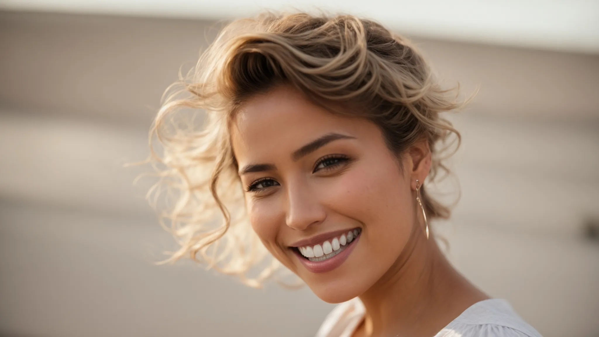 a bright smile with visibly whiter teeth against a muted background.