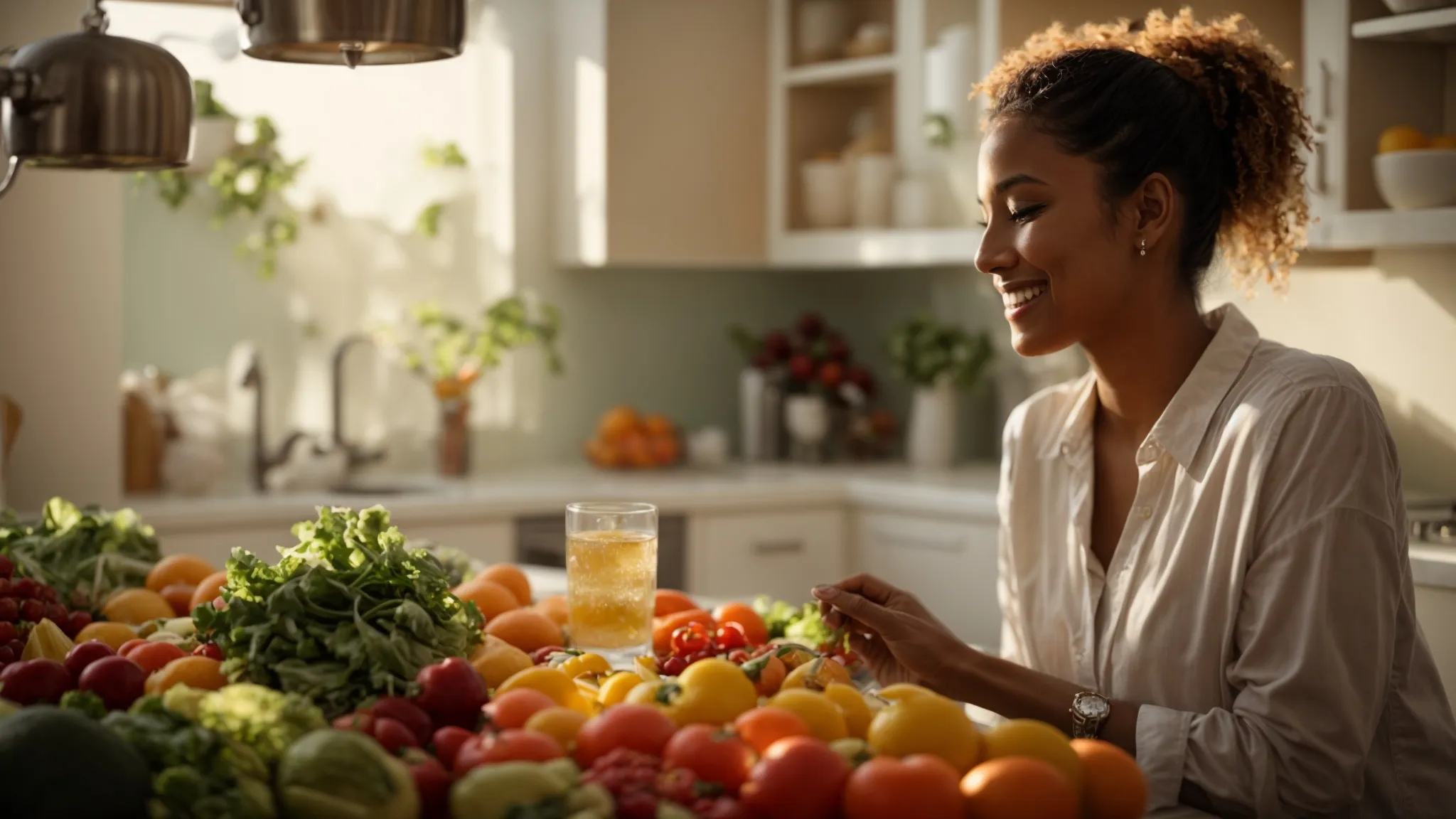 in the golden light of morning, a person beams with a newly whitened smile, holding a glass of water and looking contemplatively at an array of colorful fruits and vegetables laid out on the kitchen counter.